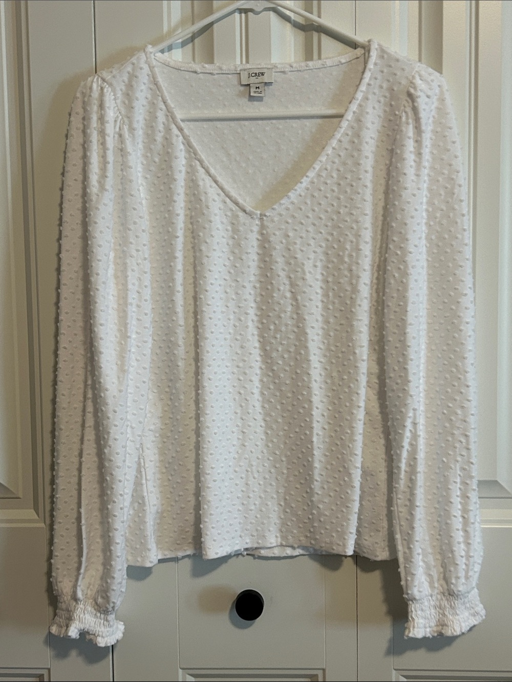 J. Crew White Dotted Swiss V-Neck Long Sleeve Blouse